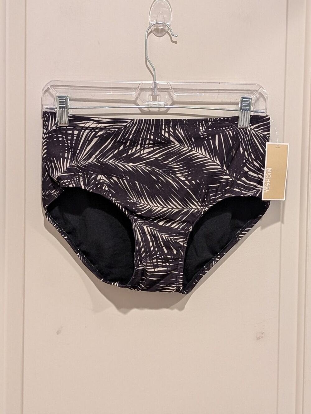Michael Michael Kors Black and Cream Palm-Print Swim Bikini Bottoms Small